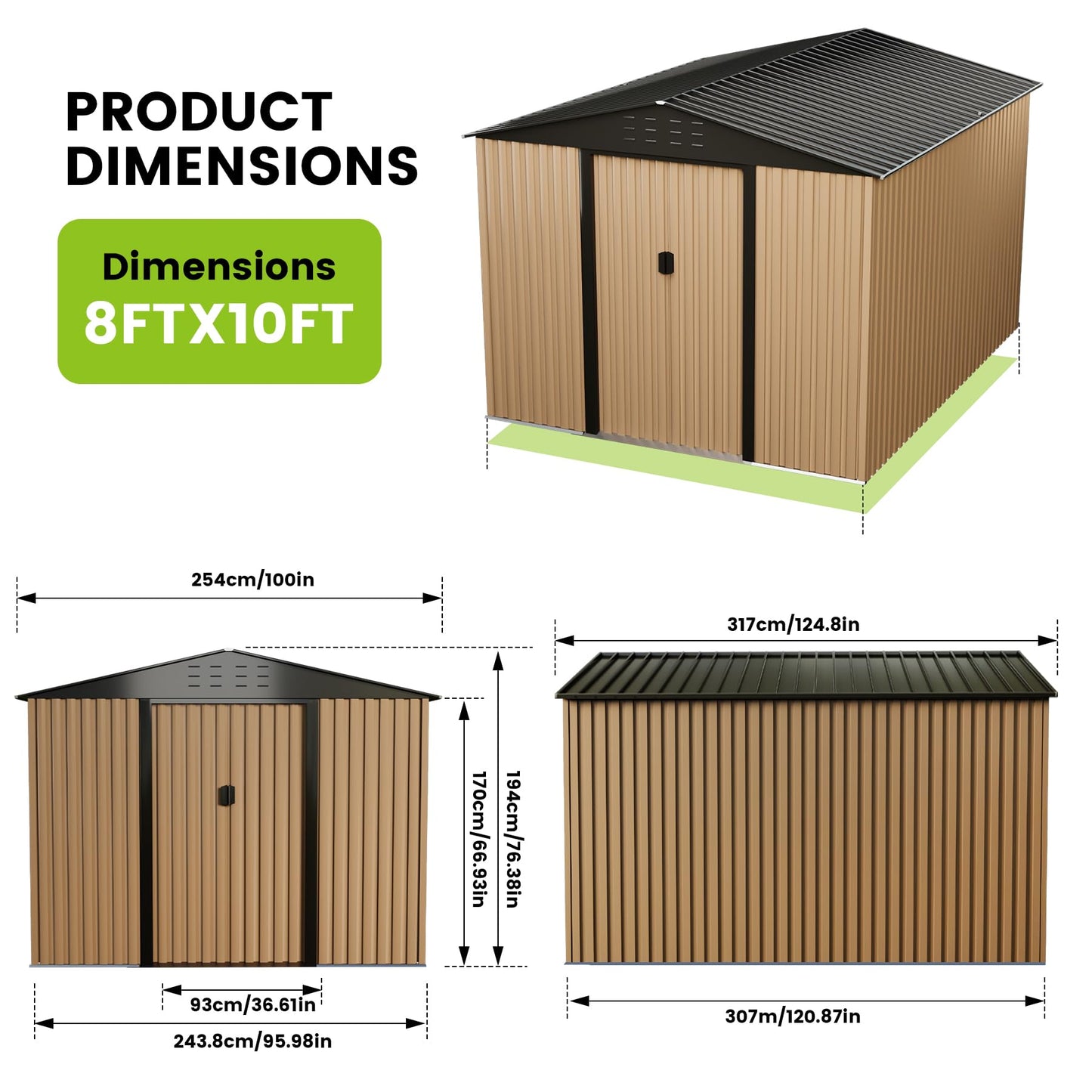 10FT x 8FT Metal Garden Shed, Outdoor Storage Shed, Metal Utility Tool Shed with Door Lock, Waterproof Roofs, for Backyard Garden Patio Lawn, Brown