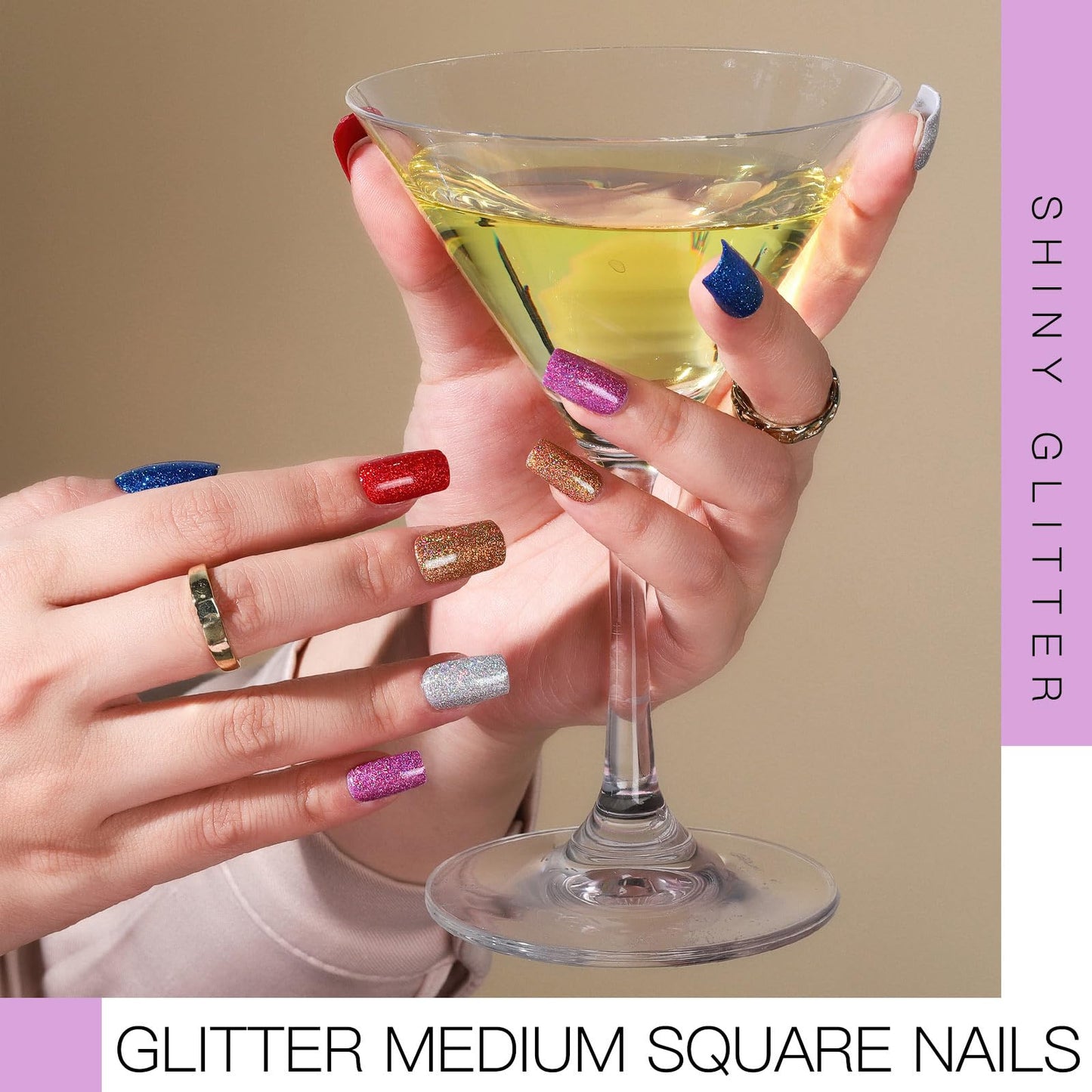 Teenitor Press on Nails Medium Square, 24Pack 576Pcs Press on Nail Kit with Glue, French Tip Nail Press ons Fake Nails for Women, Glitter Matte Glossy Stick on Nails for Nail Art Girls