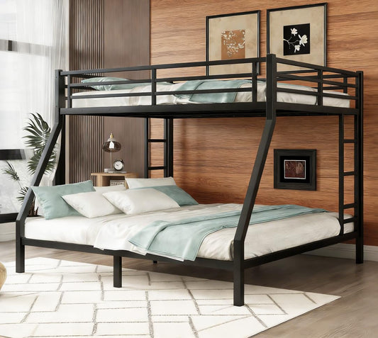 Bellemave Queen Over King Bunk Bed with 2 Side Ladders for Teens,Adults, Metal Bunk Bed Frame with Full-Length Guardrail for Dorm,Bedroom, Noise-Free Steel Slats, No Box Spring Required, Black