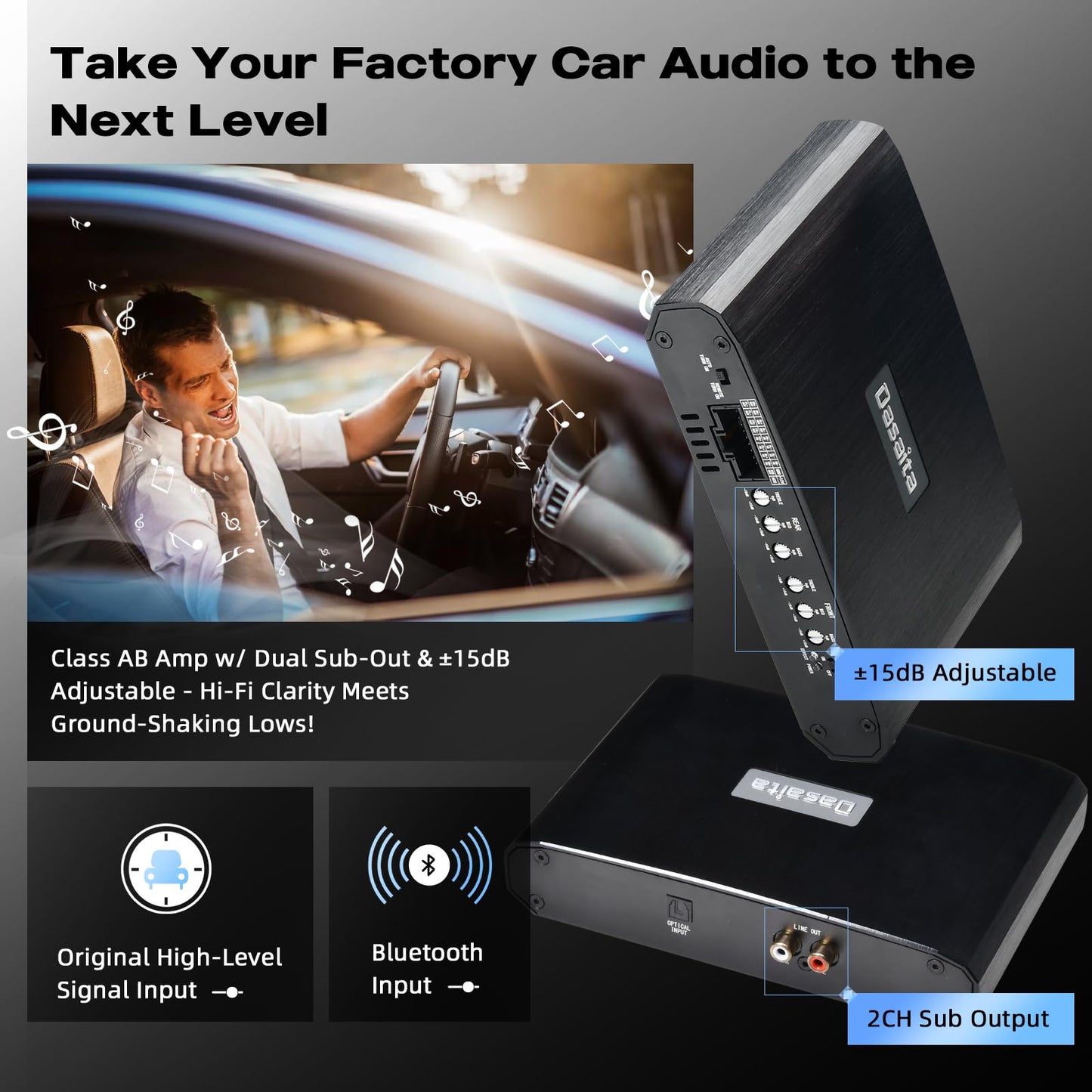 Dasaita 4-Channel DSP Car Amplifier for 2014-2019 Toyota Tundra/Tacoma/4Runner/Corolla/Sienna/RAV4(Non-JBL Models), 4x50W Max Power, 4Ω Stable, Plug & Play, 2-CH Sub Out, Treble/Mid/Bass ±15dB Tuning