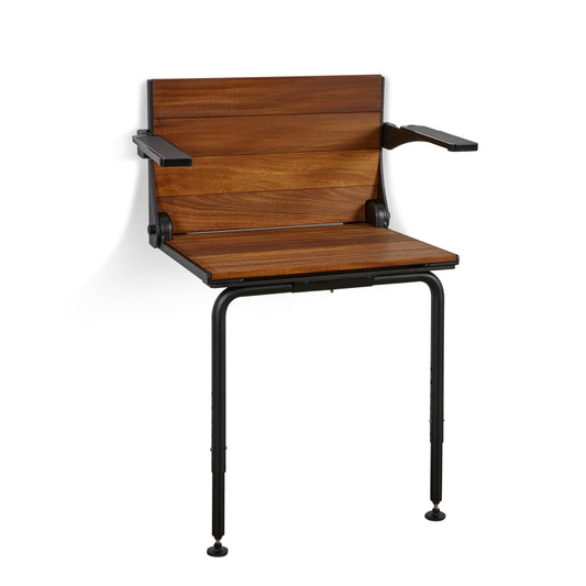 Silhouette Comfort Plus Folding Shower Seat with Armrests & Legs – Heavy-Duty Wall-Mounted Shower Bench, Teak Wood Seat with Black Frame