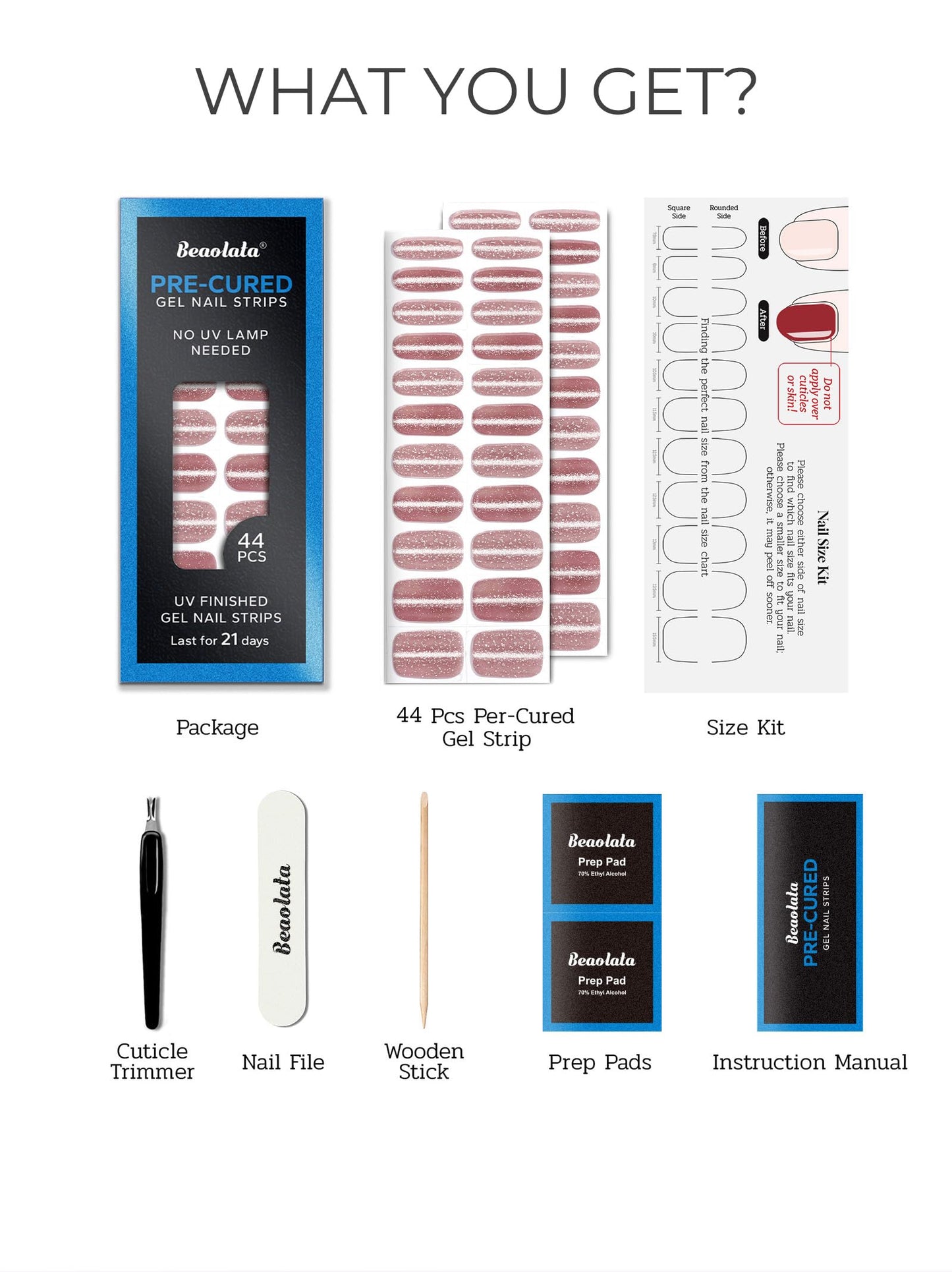 Beaolata Real Gel Nail Strips (No UV Light Needed) - 44Pcs Salon Quality Nail Stickers - Long Lasting Polish Wraps for Women, Easy Apply & Remove (Starry Pink Sky