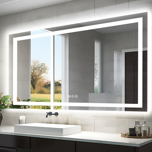 EchosLife 55"x30" LED Bathroom Mirrors for Wall, Front and Backlit Mirror, Anti-Fog Vanity Mirror with Lights, Stepless 3 Colors Dimmable Lighted Mirror(Horizontal/Vertical)