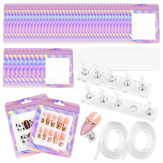 ESUOHYM 50 PCS Nails Packaging Bags with Nail Stand for Fake Nail, Holographic Press On Nail Storage Container Nail Art Kit for Diy Design, Nail Cardboards with 2 Double-sided Tape Salon Home Pink