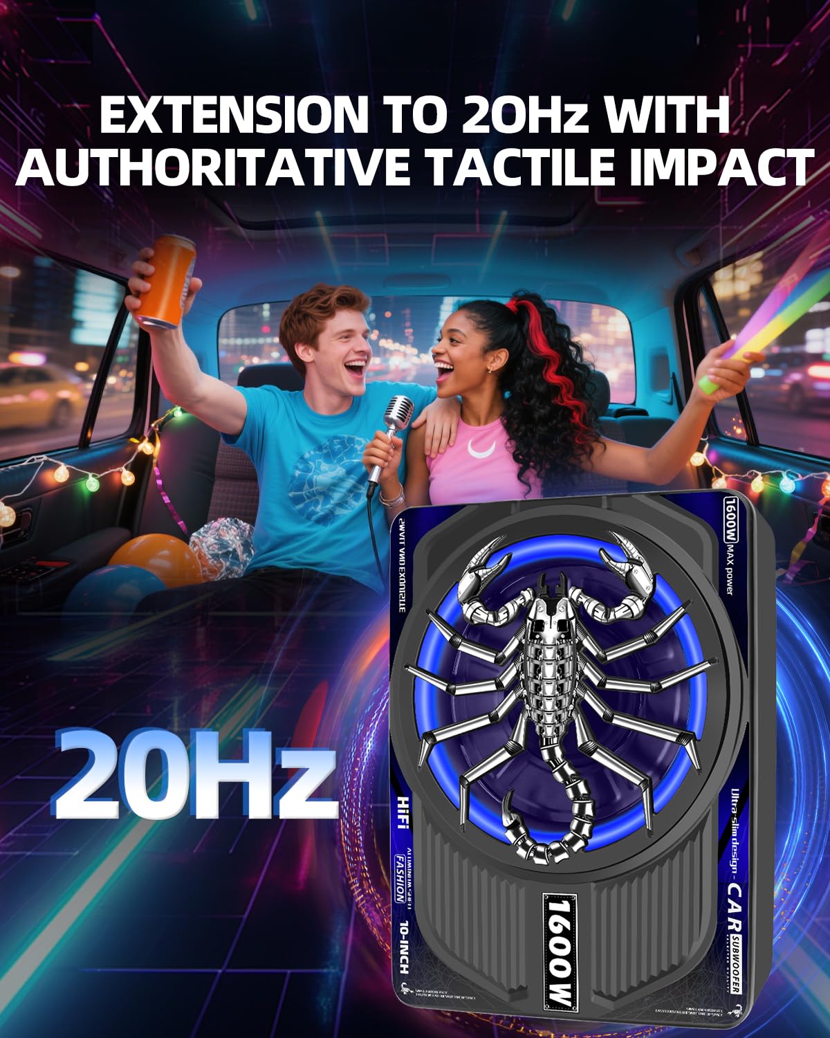 TZGBASS 2026 Upgraded 1600W Slim Underseat Car Subwoofer and Amp Package with RGB Beat-Synced Light, Built-in Class D Amplifier, Low Pass/Gain/Bass Boost Control, Deep Subsonic Bass for Truck SUV Jeep