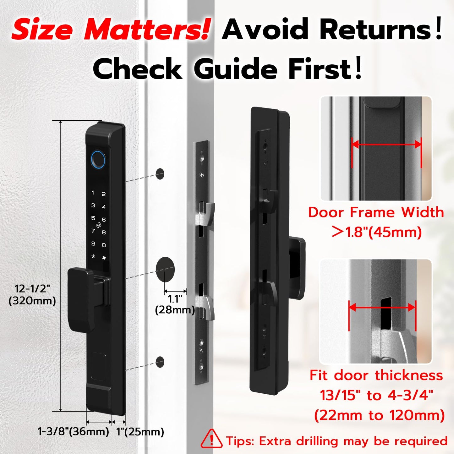 Dhiedas Fingerprint Sliding Glass Door Lock, Door Lock with RFID Fingerprint Remote Unlock, Keypad Electronic Digital Biometric Mortise Smart Lock for Double Hook Patio Sliding Door