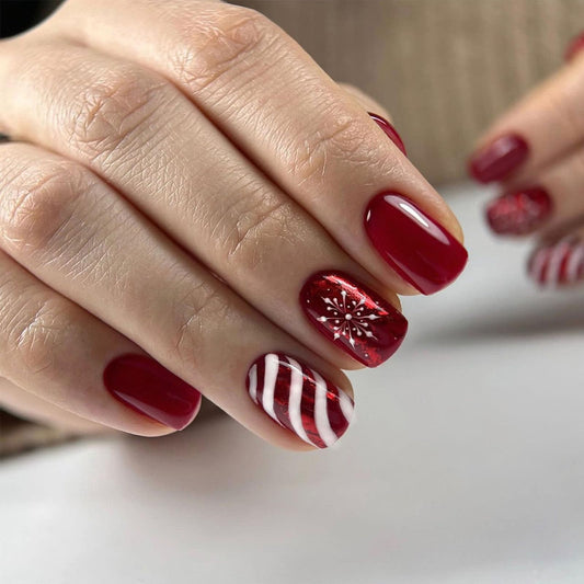 Christmas Red Press on Nails Short Square Fake Nails Winter Xmas Glue on Nails Snowflake Candy Stripes Nails Press ons Glossy Stick on Nails Christmas Acrylic Nails for Women 24 Pcs