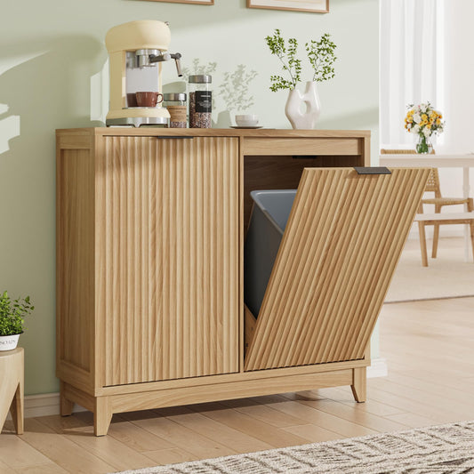 Double Tilt Out Trash Can Cabinet with Odor Control, Outlets, Fluted Trash Cabinet 13 Gallon Hidden Bin Storage, Modern Kitchen Cabinet with Soft-Close Door, Laundry Hamper Cabinet for Bathroom
