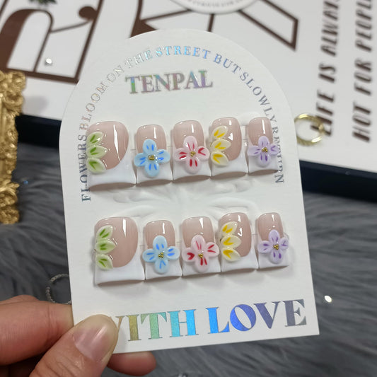 TENPAL Handmade Duckbill Press on Nails Kits with Tools- White French Tips Fake Nails with 3D Embossed Florals, Glossy Acrylic Soft Gel Removable False Nails for Women Daily Wear(L)