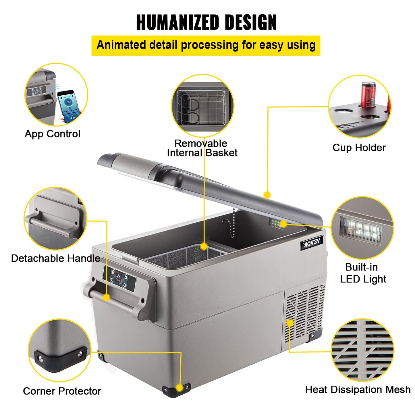 VEVOR Portable Refrigerator 37 Quart(35 Liter),Travel,Car Refrigerator Dual Zone with 12/24v DC & 110-240v AC for Camping, Fishing,12 Volt Refrigerator App Control(-4℉~68℉), Outdoor or Home Use