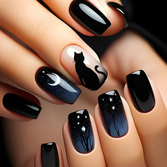 Halloween Press On Nails - Short Square Fake Nails with Black Cat Designs, Glossy Gradient Finish, Full Coverage, Star Moon Pattern, 24 Pcs