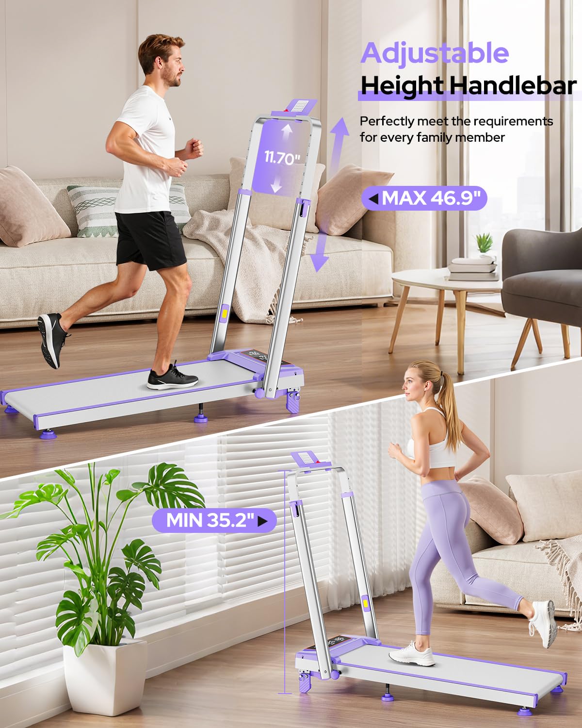 Walking Pad Treadmill with 12% Incline & Adjustable Height, 4 in 1 Walking Pad with Handle Bar, 3.5HP Foldable Under Desk Treadmill, Portable Treadmills for Home 350LBS, APP & Remote Control, Purple