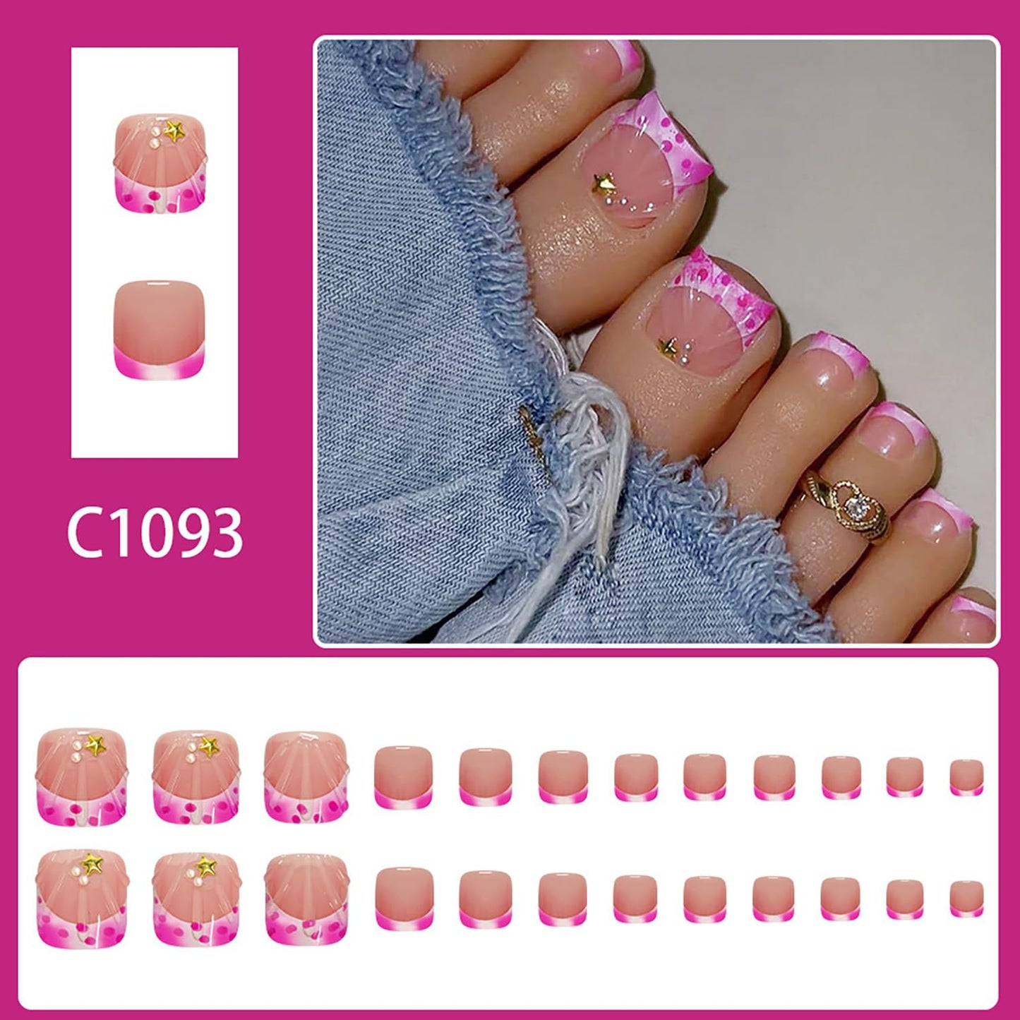 FIEONCIY Press on Toenails with Designs Acrylic Fake Nails for Toe Artificial False Nails with Charms Glue on Toe for Spring Summer Stick on Toenails for Women Girls(C1093)