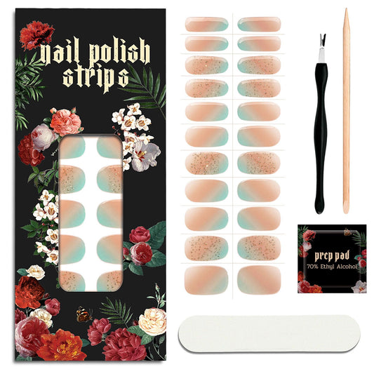 ruyeefam Nail Polish Strips (No UV Lamp Needed) - 22 Pcs Salon Quality Gel Nail Stickers - Long Lasting Wraps (Citrus Mint)
