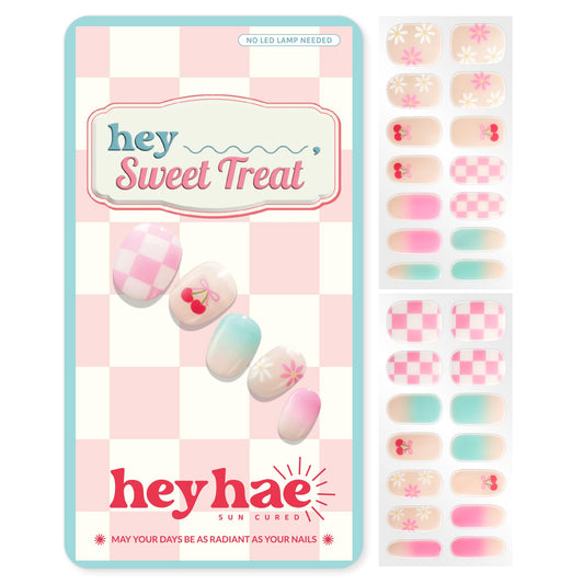 Heyhae Semi Cured Gel Nail Strips | No LED Lamp Needed | Summer, Ombre, Cute | Easy Apply & Remove, Salon Quality | Includes 28 Strips, 1 Prep Pads, Nail File & Wooden Stick - Hey, Sweet Treat