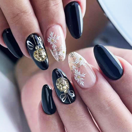 Snowflake Press on Nails Bell Stick on Fingernails Christmas Press ons Medium Almond Nail Glossy Silver Glitter False Nail 24Pcs Bow Tie Gel Glue on Acrylic Fake Nails for Holiday Women