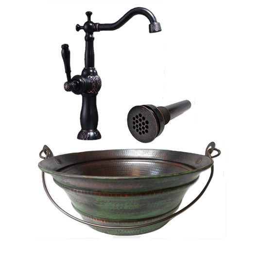 Simply Copper15" Round Copper Bucket Vessel Sink with Green Patina, Grid Drain, and 13" Clayborne ORB Faucet
