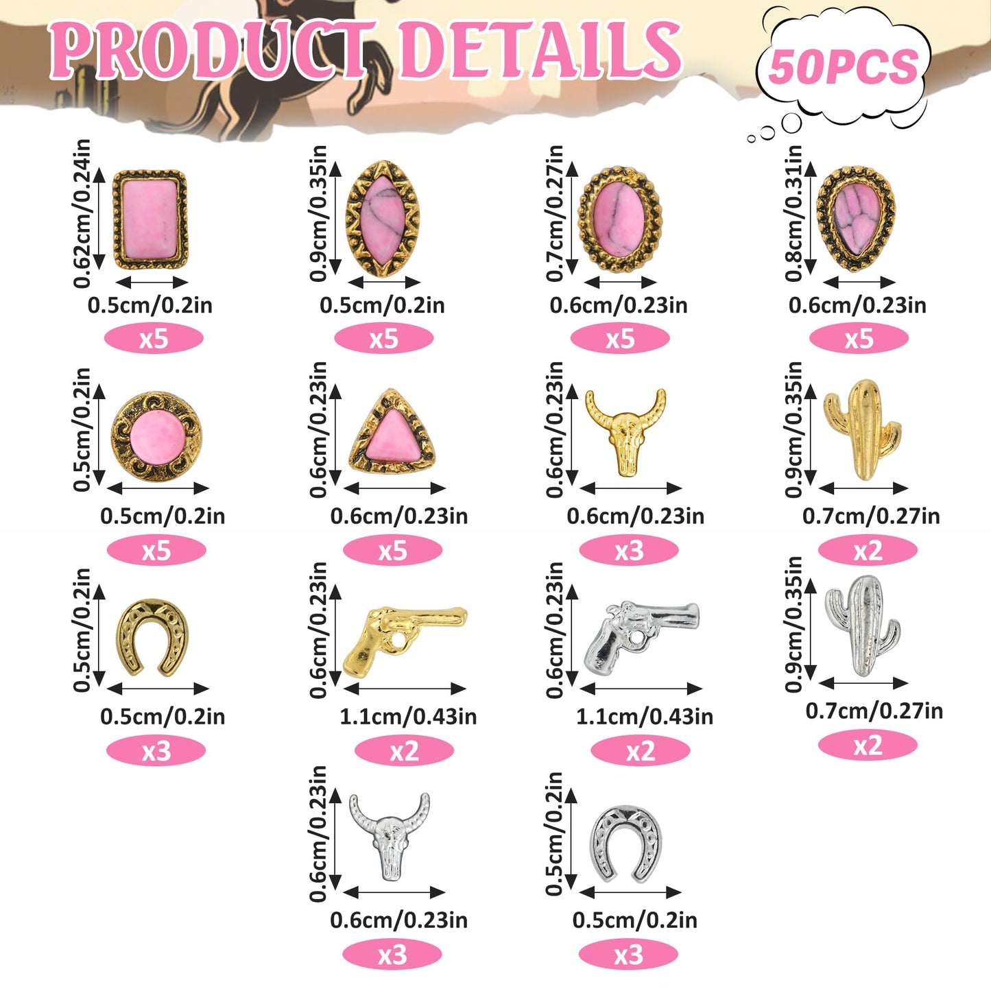 50 PCS Western Nail Charms - Pink Turquoise Nail Gems Stone 3D Vintage Western Art, Retro Pink Marble Cowgirl Charms Gems Metal Gold Silver Art Jewelry Gifts for Women DIY