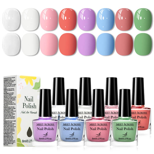 MEET ACROSS 8 Bright Colors Nail Polish Set, Macaron Purple Pink Red Blue White Quick Dry Finger Manicure Kit Sheer Neutral Nude Pink Green DIY Nail Art Home Salon Gifts for Women Girls