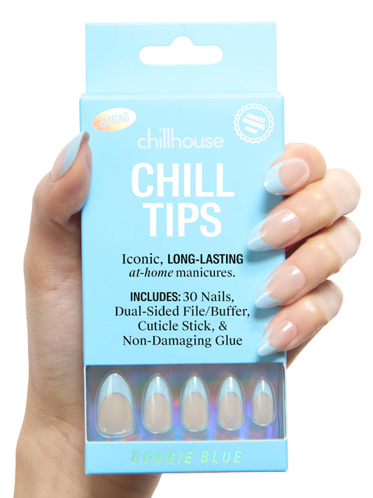 Chillhouse - Chill Tips, French Tip Press On Nails Kit - Bougie Blue (Almond) - 30 Nail Shapes & Sizes - 2 Weeks of Wear - Customizable Fit - French Manicure Kit - Women Owned - Beauty & Self Care
