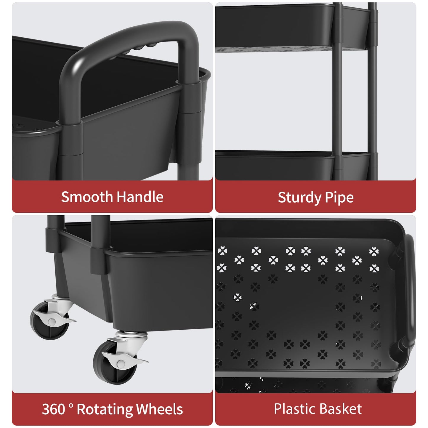 Sywhitta 4-Tier Plastic Rolling Utility Cart with Handle, Multi-Functional Storage Trolley for Office, Living Room, Kitchen, Movable Storage Organizer with Wheels, Black