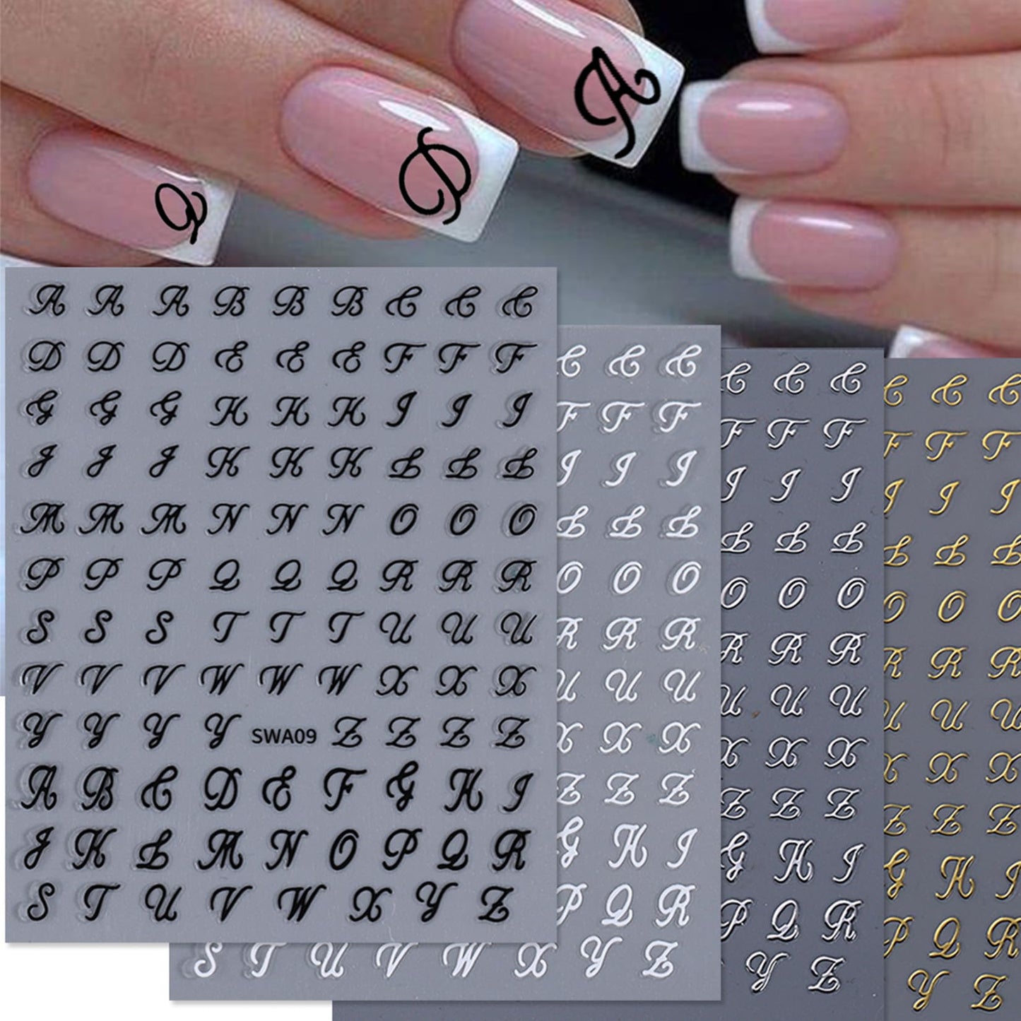 Letters Nail Art Stickers Decals 12 Sheets Alphabet Initial Nail Decals 3D Self-Adhesive White Black Gold Old English Gothic Letter Sticker for Nails Art Women DIY Manicure Decoration Accessories