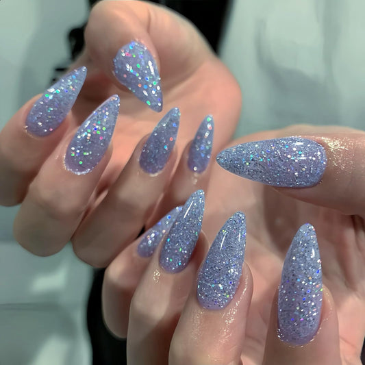 MISUD Press on Nails - Medium Almond Fake Nails with Bling Blue Purple Glitter, Acrylic Sparkly Design 24 pcs