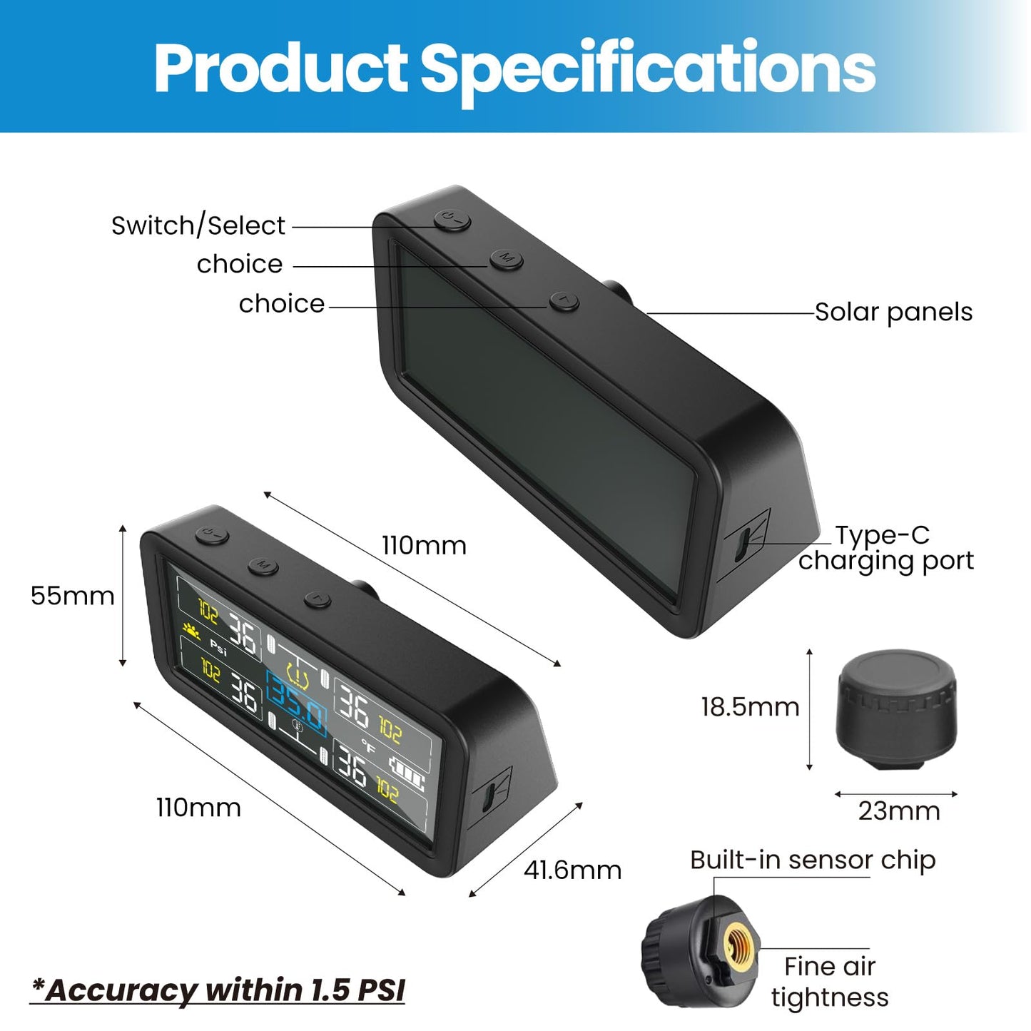 RV Tire Pressure Monitoring Systems with 4-inch LCD Screen, Wireless TPMS w/ 4 Sensors & 6 Alarm Modes, 0-144 PSI ±1.5PSI, Solar/USB Charging, for RV Trailer Truck - with 4 Tire Valve Stem Caps