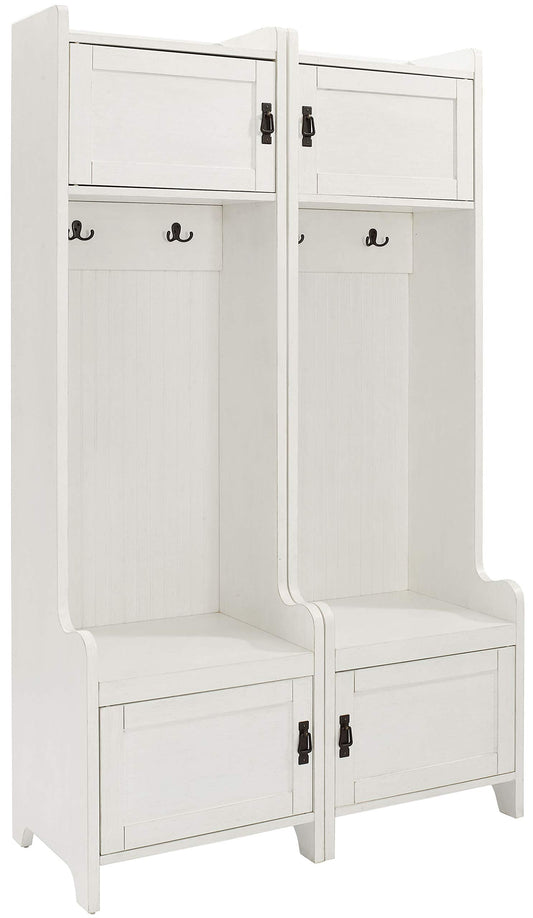 Crosley Furniture Fremont 2-Piece Hall Tree Entryway Set with Storage Cabinets and Coat Rack Hooks, Distressed White