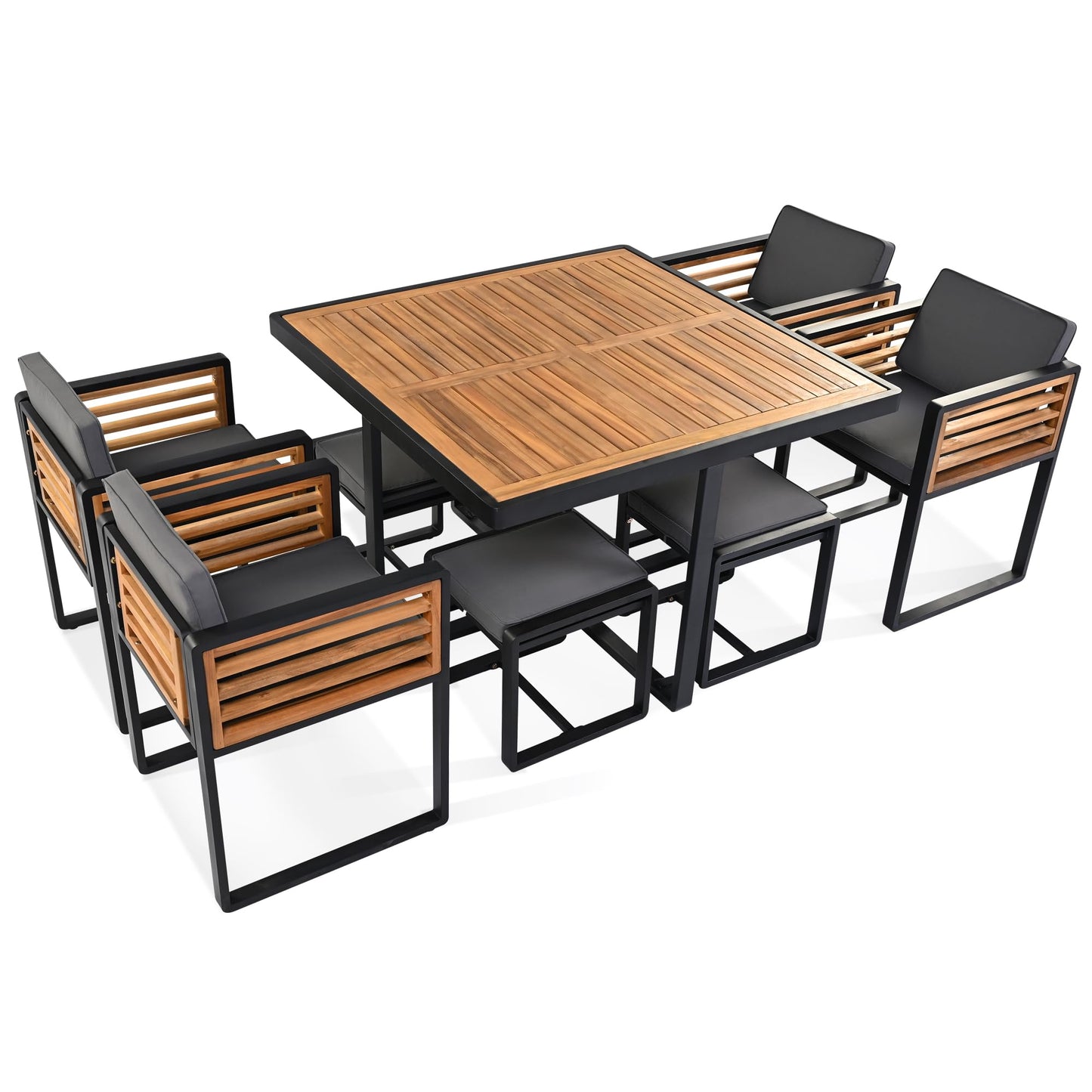 Merax 9 Pieces Outdoor Dining Set for 8 People, Acacia Wood Patio Furniture Sets with 1 Square Table, 4 Cushioned Chairs and 4 Ottomans for Backyard, Garden, Lawn, Poolside, Space Saving Design, Gray