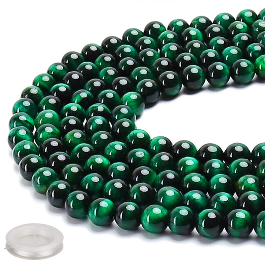 70PCS Natural 8MM Healing Gemstone, Green Tiger’s Eye Energy Stone Round Loose Beads, Semi-Precious Crystal Beads with Free Elastic String for Jewelry Making DIY