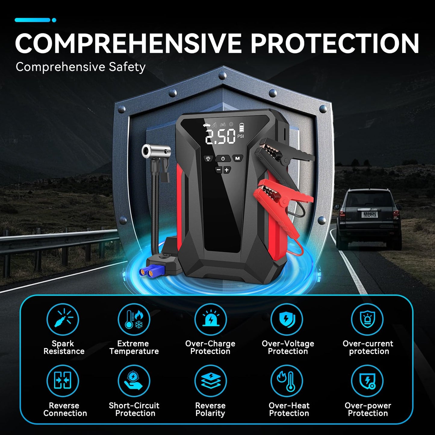 Jump Starter with Air Compressor,4000A Portable Car Battery Jump Starter (10L Gas/8.5L Diesel), 12V Battery Charger Booster,150PSI Auto-Shutoff Tire Inflator,Portable Jumper Cables, LED Light (Black)