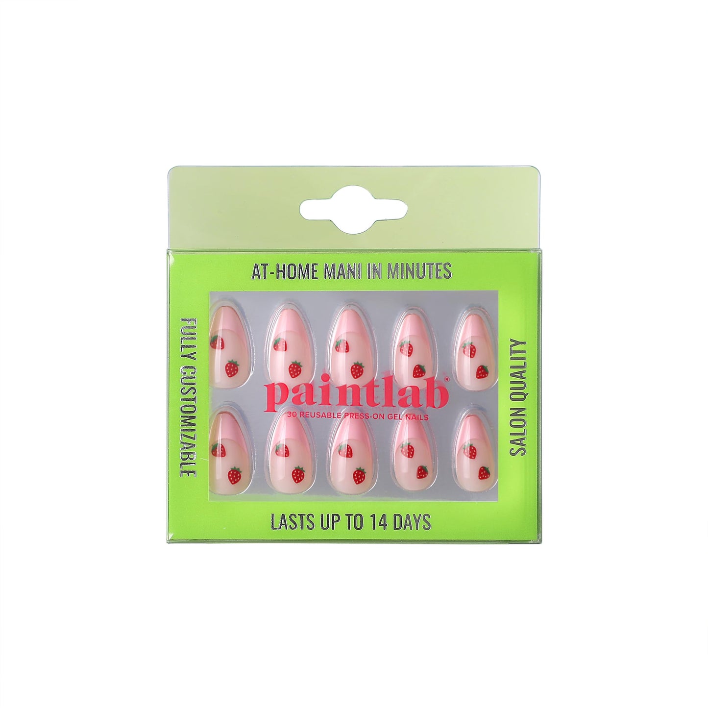 PaintLab Press On Nails - Pink Strawberry Short Almond Fake Nails, 30 Nails in 15 Sizes with Glue, Reusable Salon Quality Press On Nails