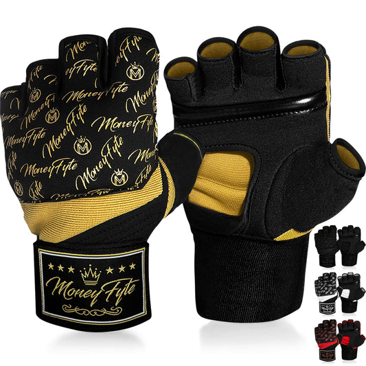 Quick Gel Boxing Wraps Under Boxing Gloves - Kickboxing MMA Muay Thai - Fist, Knuckle, Wrist Wrap Protection Inner Glove Hand Wraps - Men Women Kids - MoneyFyte (Black/Gold, S/M)