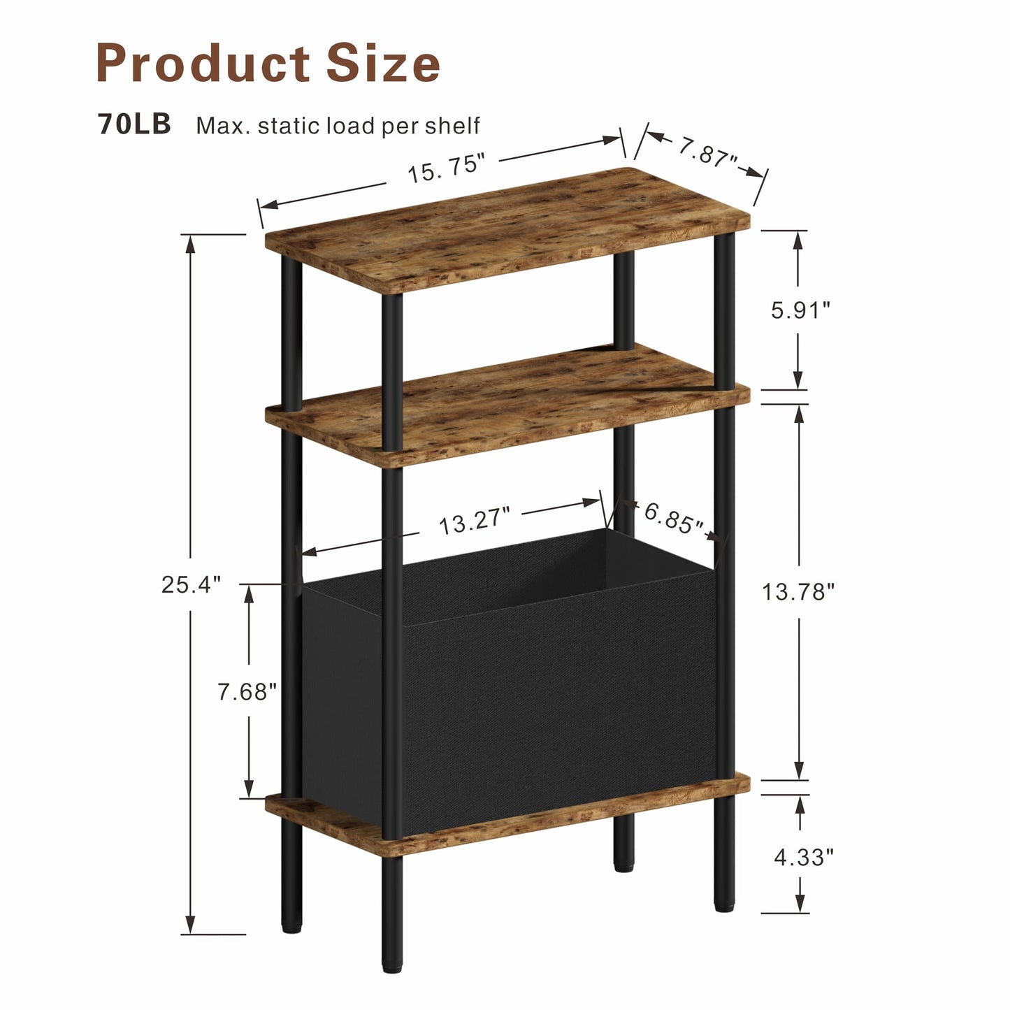 Newmics Narrow Side Table with Fabric Basket, Set of 2 End Table for Small Spaces, Slim Nightstand with 3-Tier Storage Shelf, Sofa Beside Table, for Living Room, Bed Room, Rustic Brown