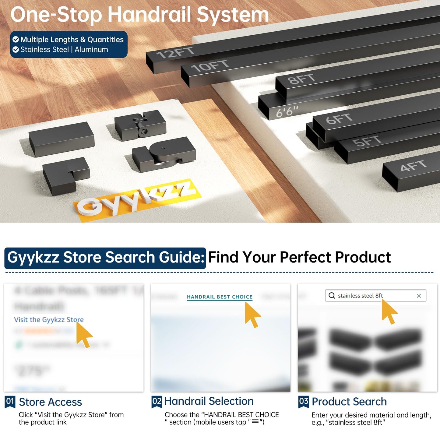 Gyykzz 12FT Stainless Steel T304 Black Handrail, 3 Pack Rectangular Cuttable Handrail Flat Top Rail 2-3/8"x1-3/16 with Nylon End Caps for Indoor Outdoor Deck Stair Cable Railing System DIY Balustrade
