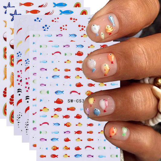 Ocean Fish Starfish Nail Art Stickers Shell Goldfish Nail Art Decals 6Sheets Self-Adhesive Coconut Strawberry Lemon Stickers for Women Summer Ocean Fruit Nail Decorations Nail Art Supplies