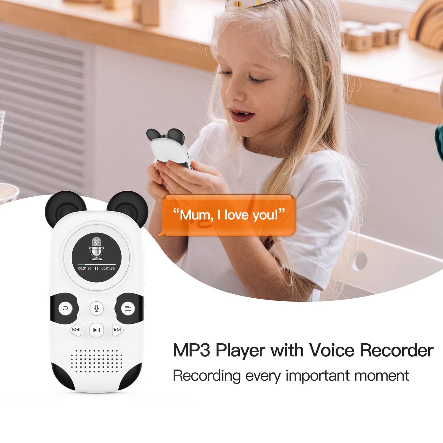 RUIZU 64GB MP3 Player for Kids, Cute Panda Portable Music Player MP3, Child MP3 Player with Bluetooth 5.3, Speaker, FM Radio, Voice Recorder, Alarm Clock, Stopwatch, Pedometer, Support up to 128GB