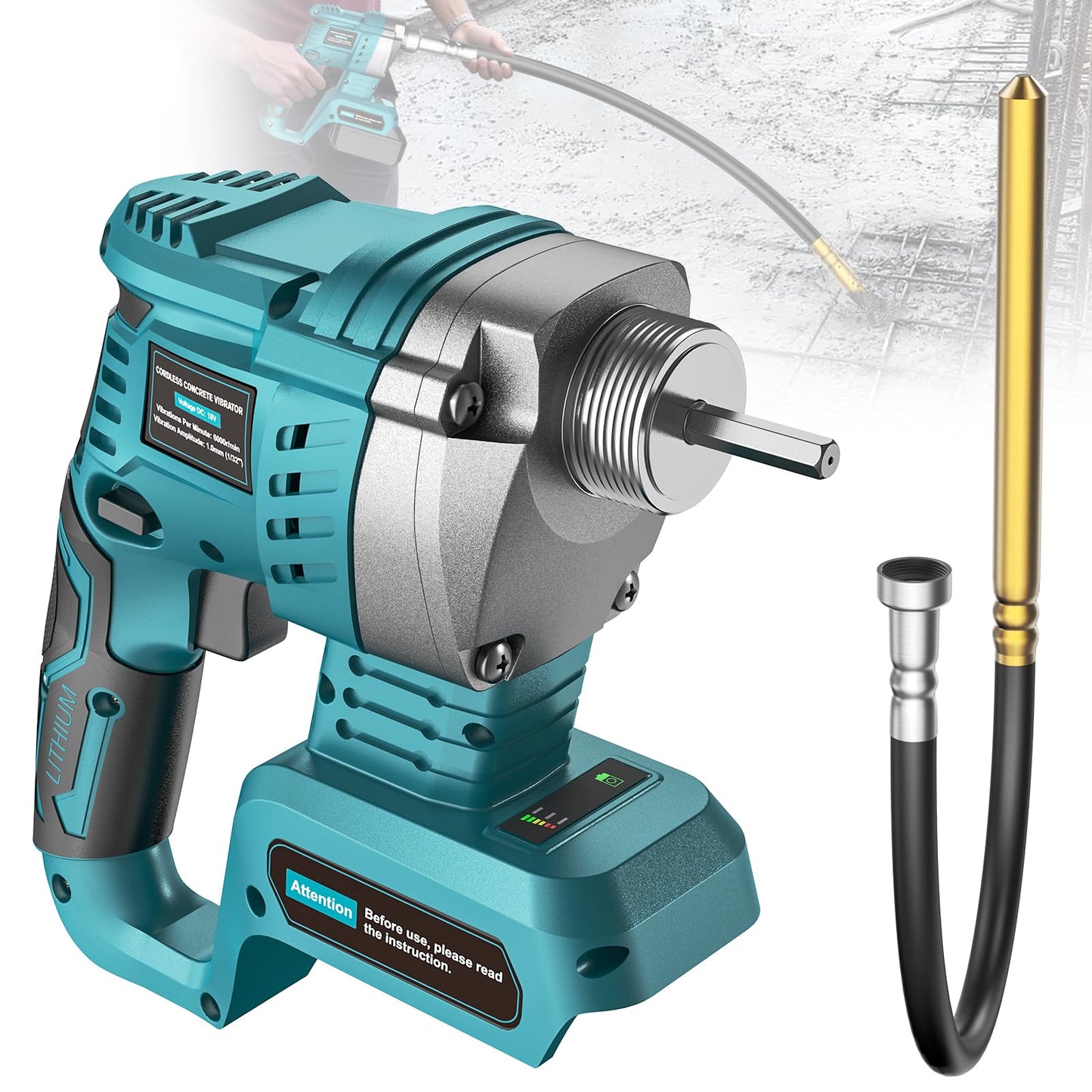 LIVOWALNY Handheld Concrete Vibrating Tool Compatible with Makita 18V Battery, 600W Cordless Electric Concrete Vibrator w/3.8ft Shaft Rod, Portable Pencil Cement Vibrarator Remove Bubble Mix Concrete