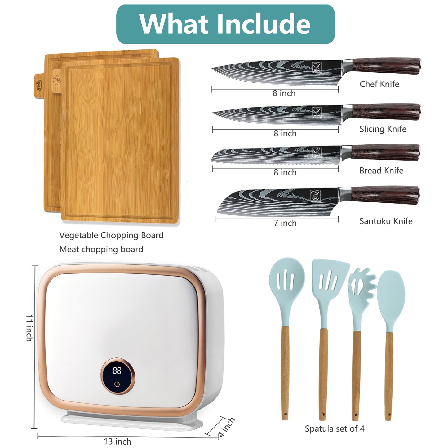 ChefHoablorn Kitchen Knife Block Set 4 Professional Damascus Knives,Beautiful Intelligent Knife Block 110V 70℃Hot Air Drying Cleanliness,with Raw Food Cooked Food Cutting Boards,4 Kitchen Utensils