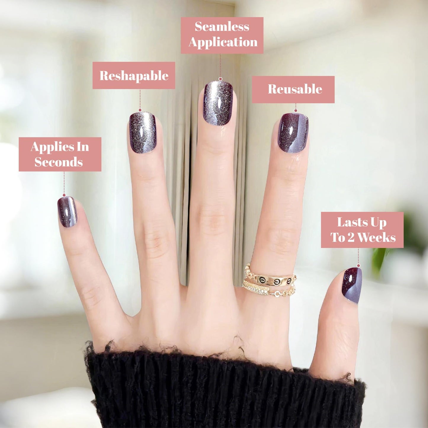 AsBellt Press On Nails - Short Oval Fake Nails with Cat Eye Velvet Finish, Glossy Full Cover Stick on Nails for Women Manicure, Salon Quality Halloween Nails | 12 Sizes - 24 Nail Kit-Burgundy