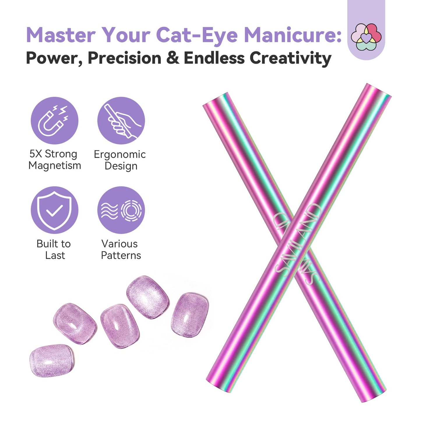 SAVILAND Ultra-Strong Cat Eye Magnet: 5X Stronger Holographic Cateye Nail Magnet with Heart-Shaped Magnets Sturdy Dual-Ended Nail Magnetic for Cat Eye Gel Polish Nail Art DIY Home Salon