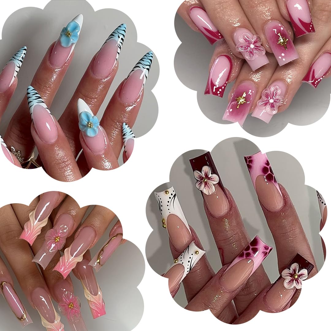 QIMYAR 30PCS/Box Spring Summer Handmade Flower Nail Art Charms Set, 15 Designs Hand Sculpted Acrylic Flowers 3D Cherry Blossom Apricot Nail Art Floral Salon Decoration for Women Girls