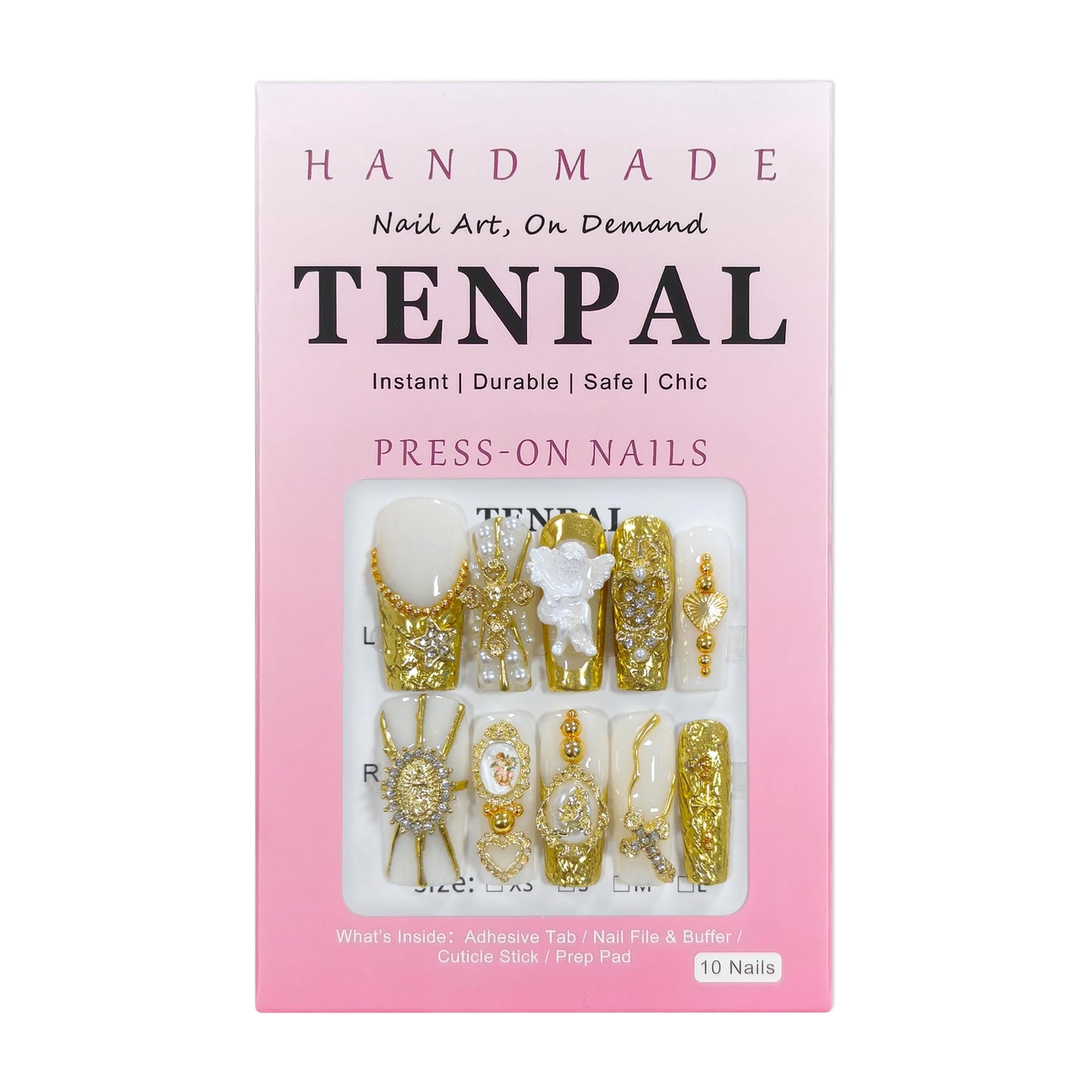 TENPAL Baroque Press on Nails Long Coffin 3D Embossed Pearl Cross Charm Luxury False Nails for Women Gold Glam Royal Cathedral Style Glue on Nails for Parties Holiday Events(L)