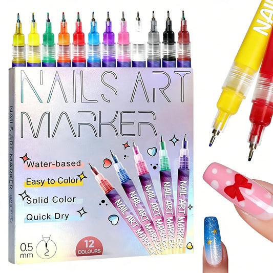 MUZAMOX Nail Art Pens for Painting Nails 0.5mm Fine Tip - Nail Art Markers for Kids, Girls & Gel Nails, Quick-Dry Nail Polish Pens for Painting Nails, Dotting & Drawing Designs (12-Color Kit)