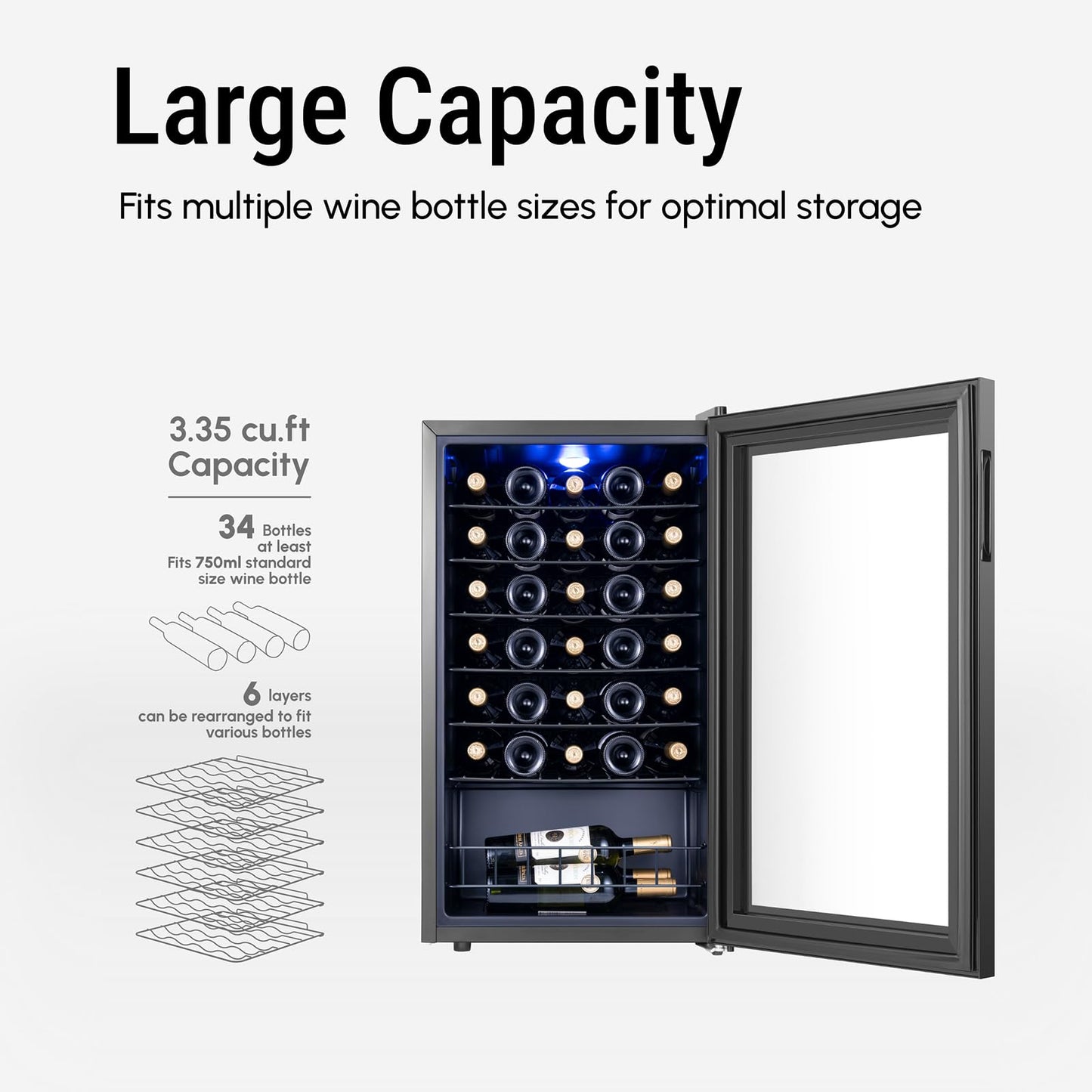 Yeego Wine Fridge – 34 Bottles Wine Cooler, 38–65℉ Digital Control with Double Glass Door & LED Light, Freestanding Wine Fridge Under Counter for Home Bar and Kitchen