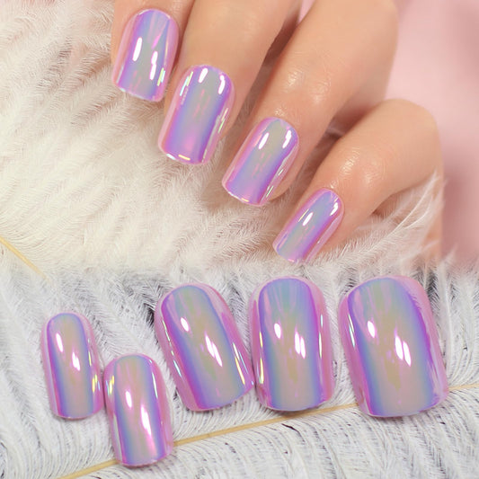iBeautying Press on Nails - Metallic Mirror Purple Pink False Nails | Punk Metal Chrome Finish Short Reusable Fake Nails 24pcs Kit with Jelly Glue Pad