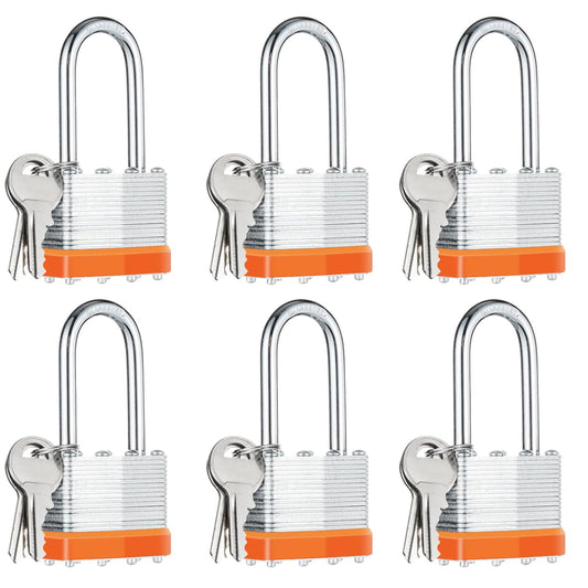 6Pcs Padlocks with Same Keys,Laminated Steel Orange Silver(1-9/16",40mm),Long Shackle for Sheds,Gates,Fences,Toolbox,Outdoor and Indoor Use