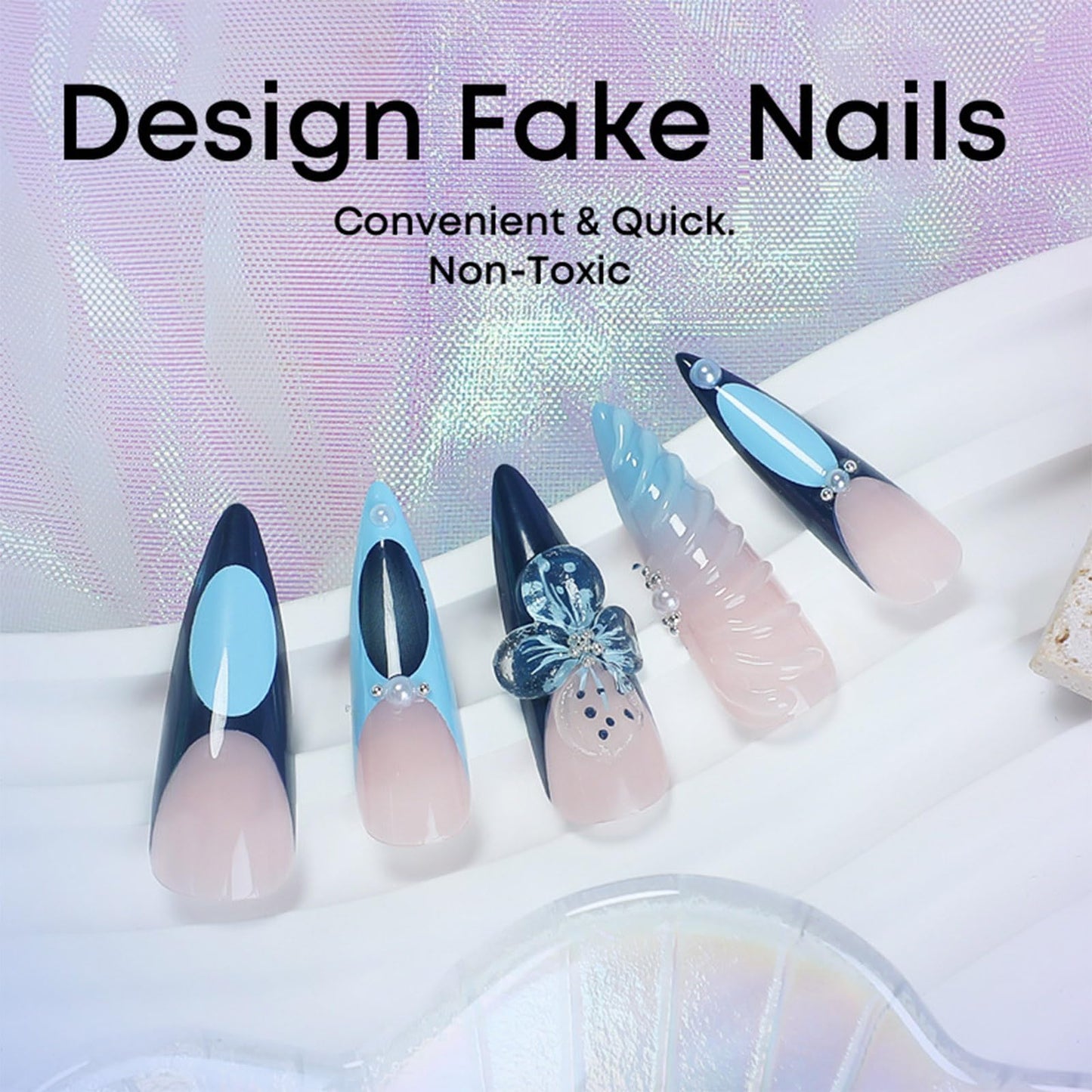 Blue French Tips Press On 3D Curve Line Stick On Long Stiletto 3D Flower Acrylic Fake Nails - 24 Pcs Glossy Blue Gradient False Pearl Gel Glue On for Women Girls