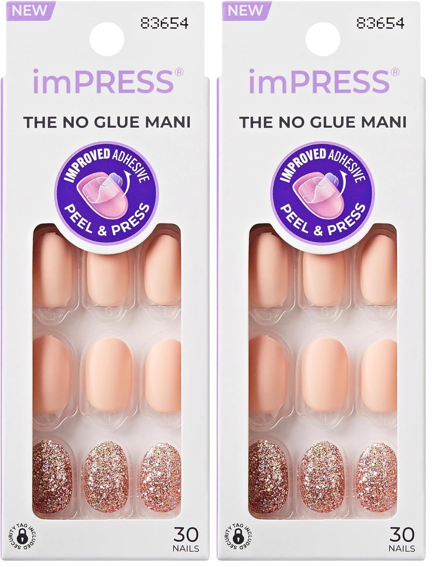 KISS imPRESS Press-On Manicure, Nail Kit, PureFit Technology, Short Press-On Nails, Evanesce, Includes Prep Pad, Mini File, Cuticle Stick, and 30 Fake Nails (Pack of 2)